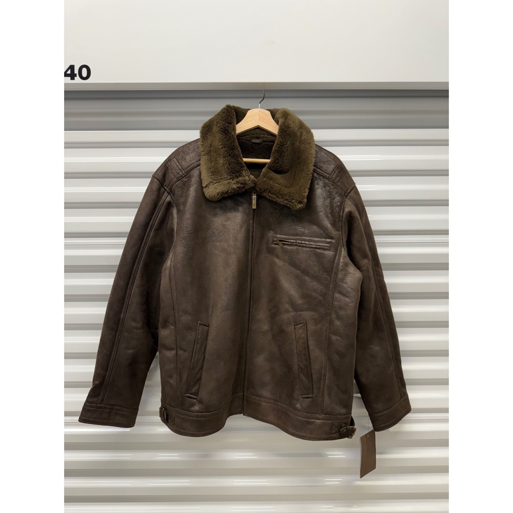 Tasso Elba Mens XL Faux Shearling Aviator Bomber Jacket Brown Faux Fur